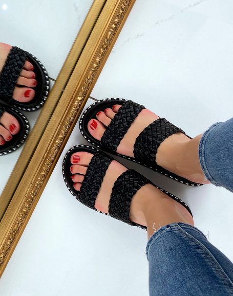 Black sandals with double braided straps