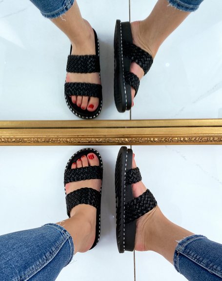 Black sandals with double braided straps