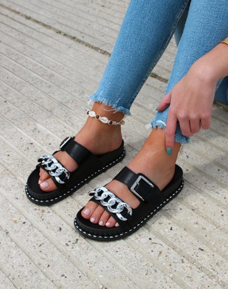 Black sandals with double straps and silver chain