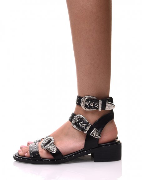 Black sandals with embellished buckles