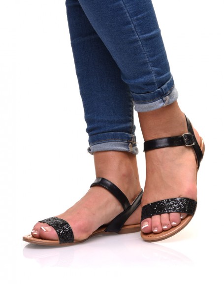 Black sandals with glittery thong