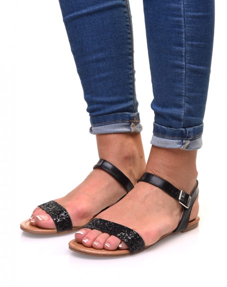 Black sandals with glittery thong