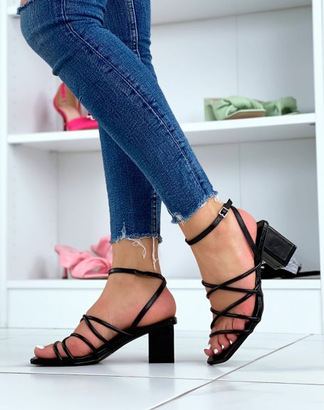 Black sandals with heel and multiple straps