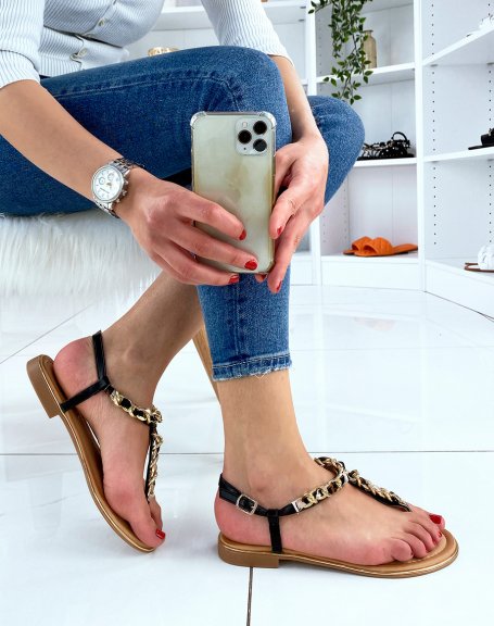 Black sandals with leopard fabrics and golden chain
