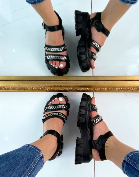 Black sandals with lug sole and silver detail