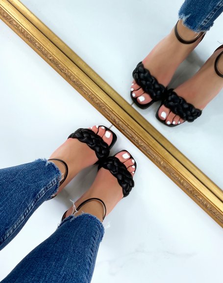 Black sandals with medium heel and braided strap