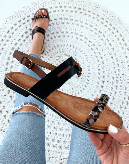 Black sandals with multicolored braided strap and fancy strap