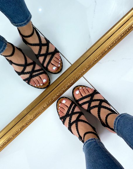Black sandals with multiple braided straps