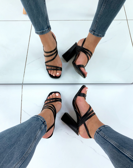 Black sandals with multiple straps and block heels