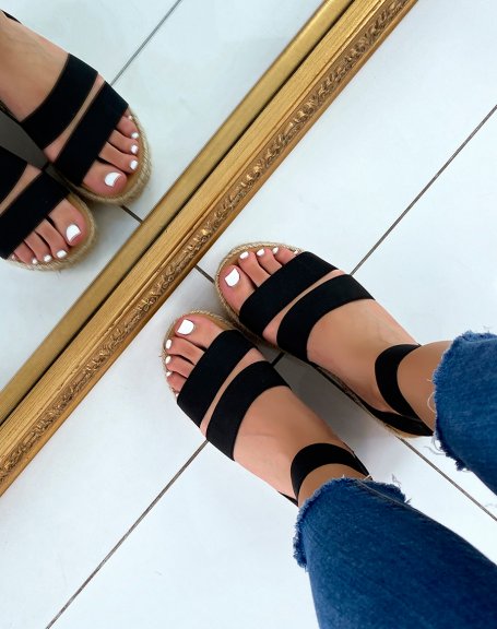 Black sandals with multiple straps and jute sole