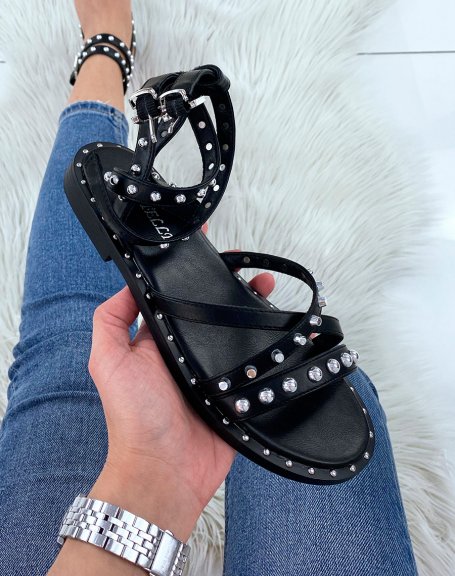 Black sandals with multiple studded crisscross straps