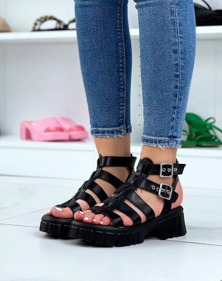 Black sandals with small heel and multiple straps