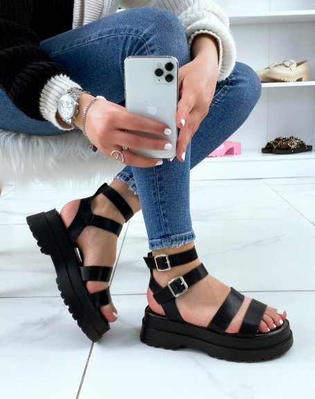 Black sandals with small heel and multiple thick straps