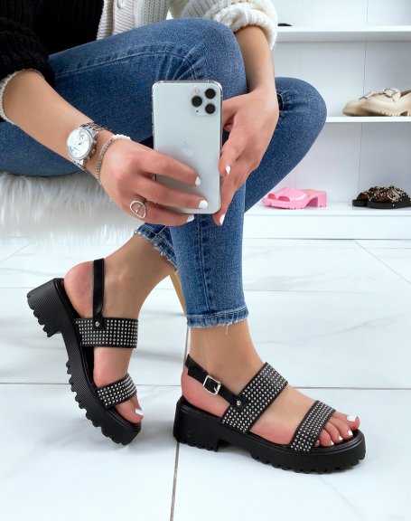 Black sandals with small notched heel and silver studs