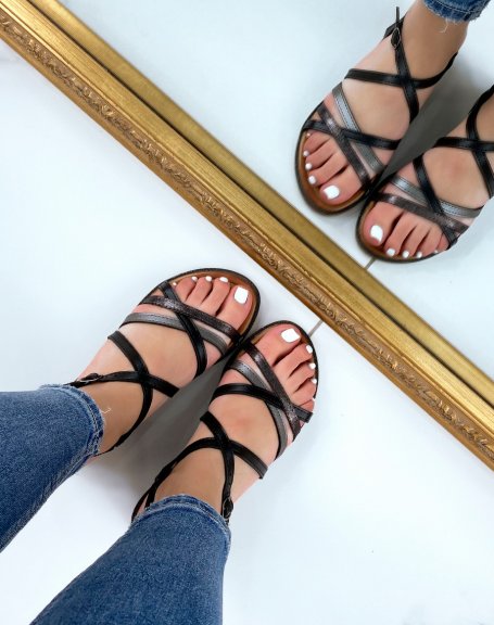Black sandals with smooth, satiny and sequined straps