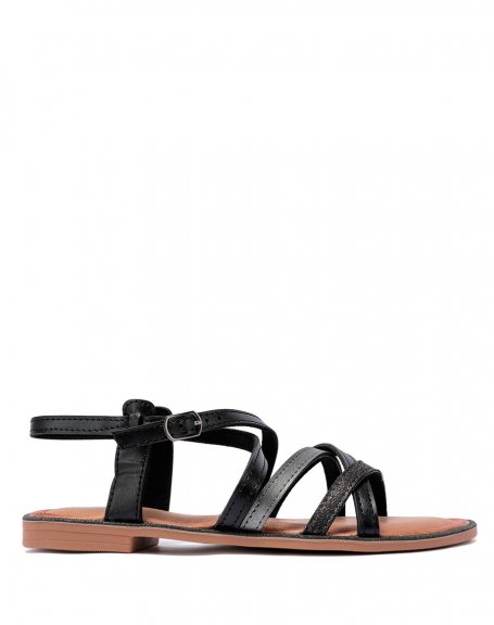 Black sandals with smooth, satiny and sequined straps