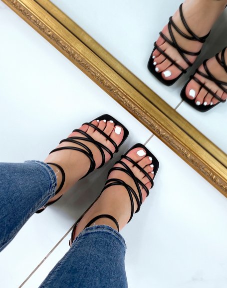 Black sandals with square heel and multiple thin straps