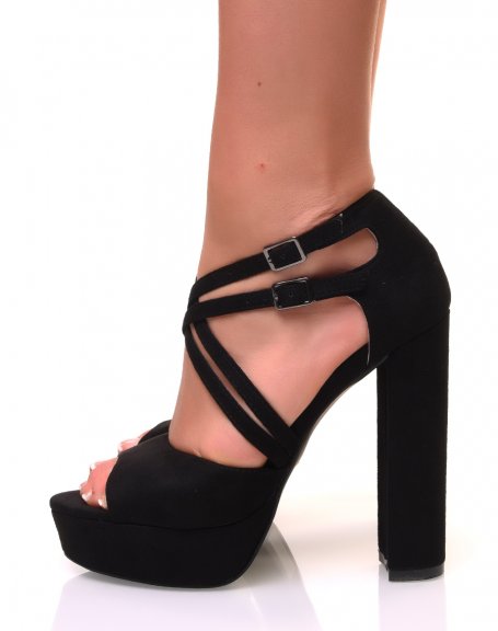 Black sandals with square heels and multiple straps