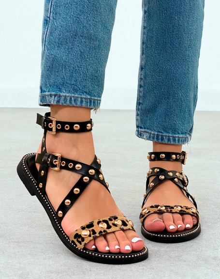 Black sandals with studs and leopard strap