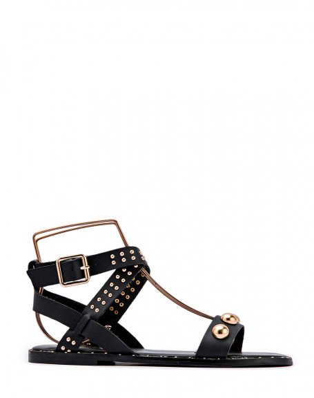 Black sandals with thick and thin gold studs