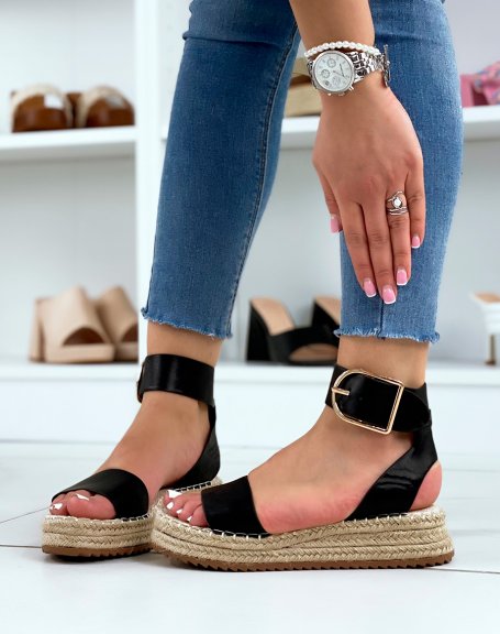 Black sandals with thick straps and hessian sole