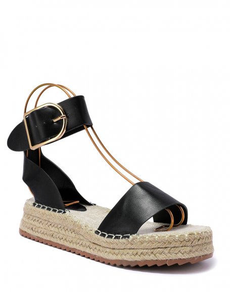 Black sandals with thick straps and hessian sole