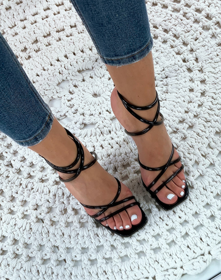 Black sandals with transparent block heel and sexy straps