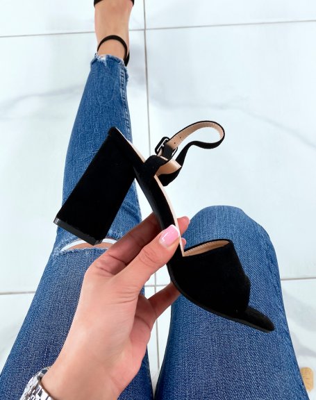 Black sandals with wide chunky strap and square heel