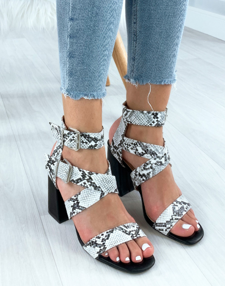 Black sandals with wide snake-effect straps