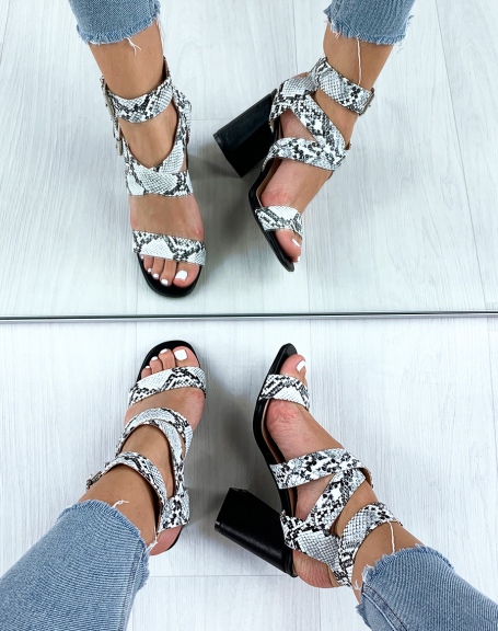 Black sandals with wide snake-effect straps