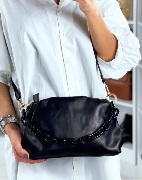 Black satchel-shaped handbag with fake chains