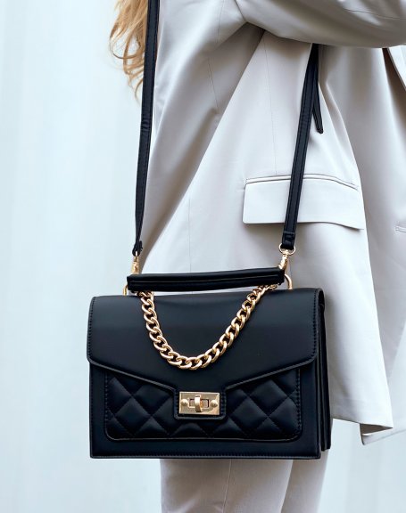 Black satchel style handbag with gold chain