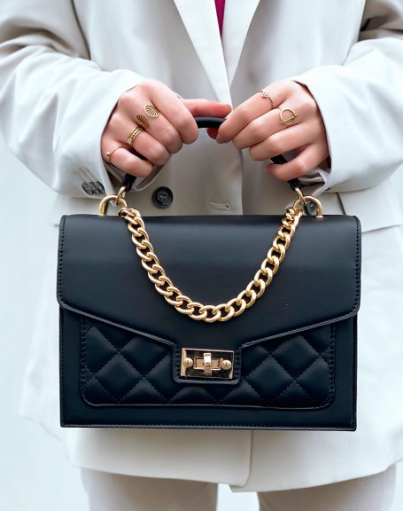 Black satchel style handbag with gold chain