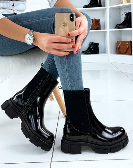 Black satin high ankle boots with chunky sole