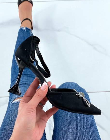 Black satin pumps with flared heel