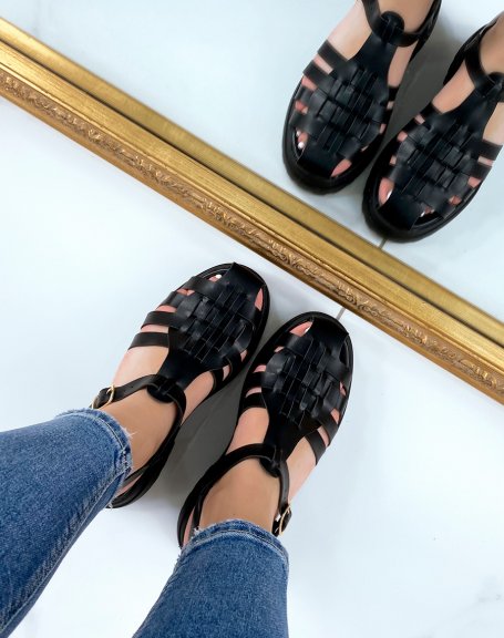 Black semi-closed sandals with multiple straps and notched sole