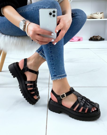 Black semi-closed sandals with multiple straps and notched sole