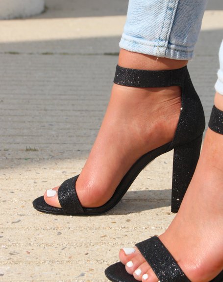 Black sequin high heel sandals