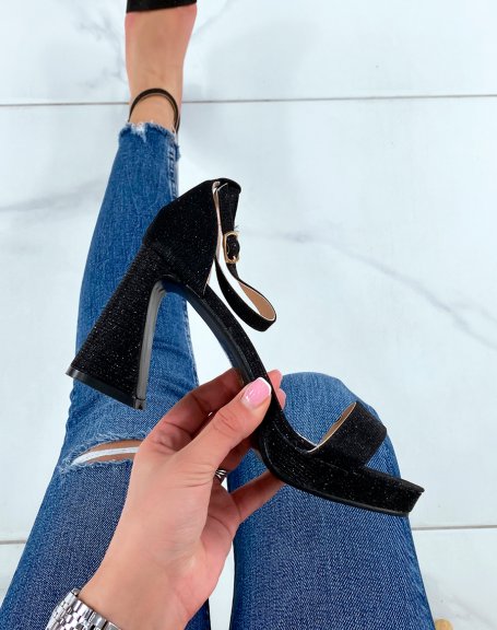 Black sequin sandals with beveled heel