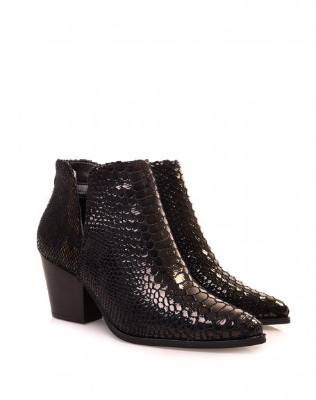 Black shiny croc-effect mid-high heel ankle boots