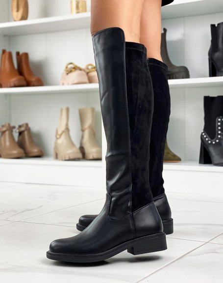Black smooth and suedette flat boots