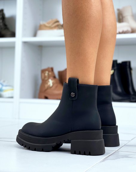 Black smooth ankle boots with chunky heel