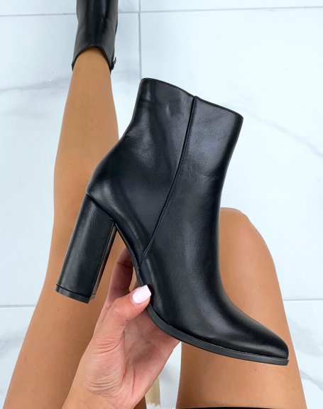 Black smooth ankle boots with square heel and pointed toe