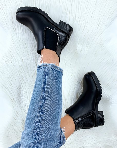 Black smooth croc-effect ankle boots with studs