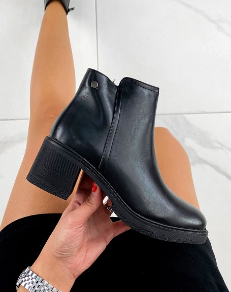 Black smooth low heel ankle boots