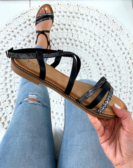 Black snakeskin print strappy sandal