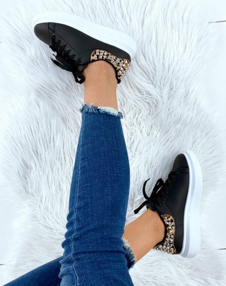 Black sneakers with studded leopard insert