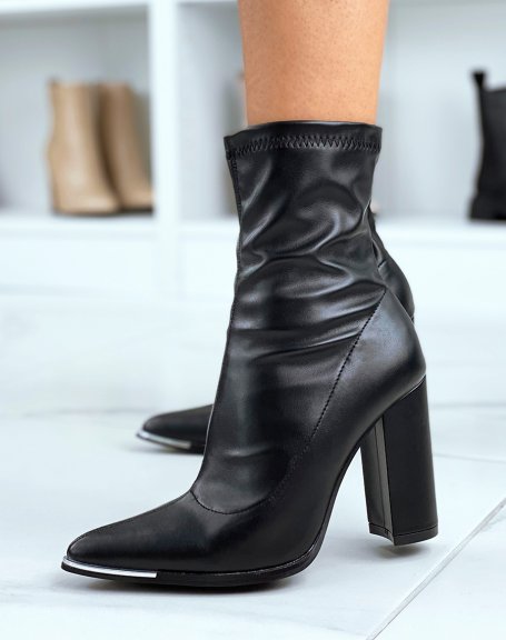 Black sock ankle boots with heel and pointed toe with silver detail