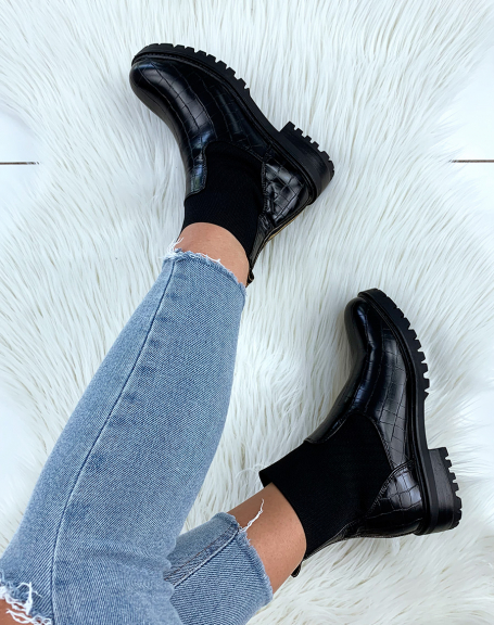 Black sock-effect ankle boots in crocodile material