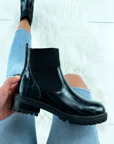 Black sock-effect ankle boots in crocodile material